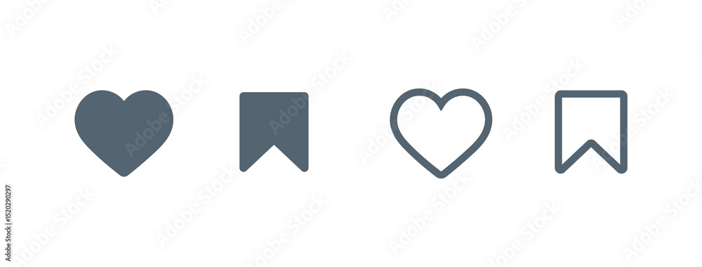 Poster add to favorite icon with heart and bookmark icons in filled and outline styles, perfect for for soc
