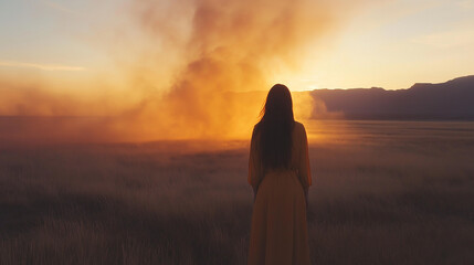 A woman standing alone in the desert at sunset, surrounded by swirling dust carried by the wind, creating a dramatic and cinematic scene.
