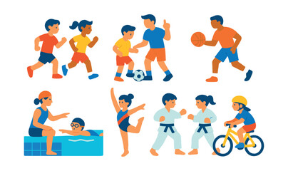 Flat vector icons of youth sports: kids running, soccer practice, basketball training, swimming lesson, gymnastics, martial arts, tennis coaching, cycling club.