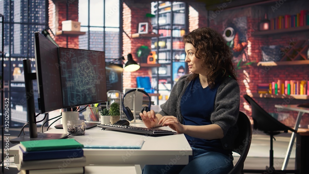 Poster female system admin doing maintenance on ai brain pc systems, sitting at office desk. girl works as 