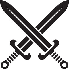 A simple black and white illustration of two crossed swords on a plain white background design element