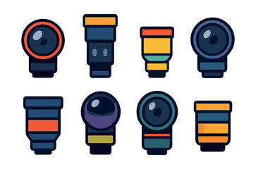 Flat vector icons of camera lenses: wide angle, telephoto, macro, prime, zoom, fisheye, portrait, kit lens.