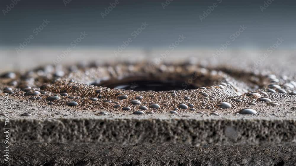 Poster dark liquid dropping onto porous surface, creating dynamic splash and spreading puddle with intricat