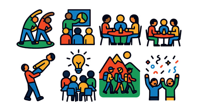 Flat vector icons of team building activities: group exercise, workshop, team lunch, trust fall, brainstorming session, outdoor adventure, icebreaker game, celebration.