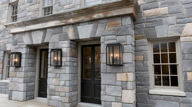 Elegant Stone Facade with Black Doors and Lanterns: Architectural Detail of a Luxurious Residence Exterior
