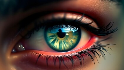 Seeing and understanding beauty: A charming female eye close-up, the beauty of which is emphasized by stylish makeup and slight redness