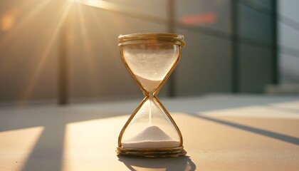 The happiest moments of life: A sundial with white falling sand, standing on the floor and illuminated through the window by soft sunlight