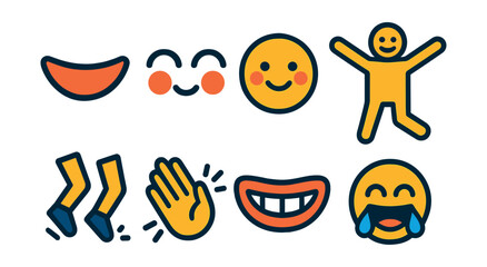 Flat vector icons of happiness expressions: smiling mouth, cheerful eyes, blushing cheeks, open arms, jumping feet, clapping hands, wide grin, joyful tears.