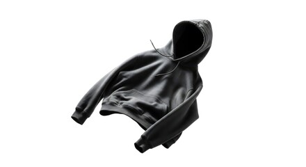 Isolated black hoodie floating with visible fabric texture details against a pure white background studio shot simple and clean