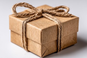 A minimalist brown gift box with natural twine bow, elegantly presented on a clean white background, perfect for celebrations and thoughtful giving moments.