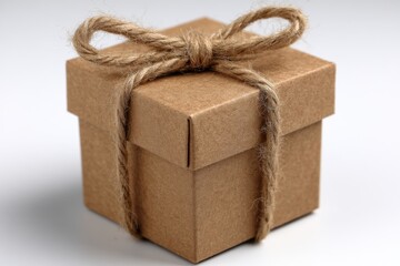 A small square brown gift box tied with a rustic twine bow sits on a white surface, awaiting a special occasion and delivering a sense of anticipation.