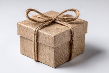 Close-up studio shot of a jute-covered present, tied with a natural jute rope bow, perfect for minimalistic gift giving, isolated on a bright white background.