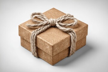 A beautifully wrapped gift box with a rustic brown paper and twine bow, perfect for a special occasion, isolated on a clean white background with soft shadows.