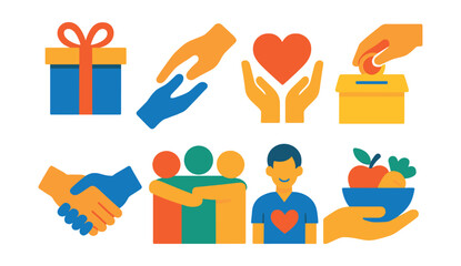 Flat vector icons of happiness and generosity: gift box, helping hand, charity heart, donation box, handshake, group hug, volunteer, food sharing.