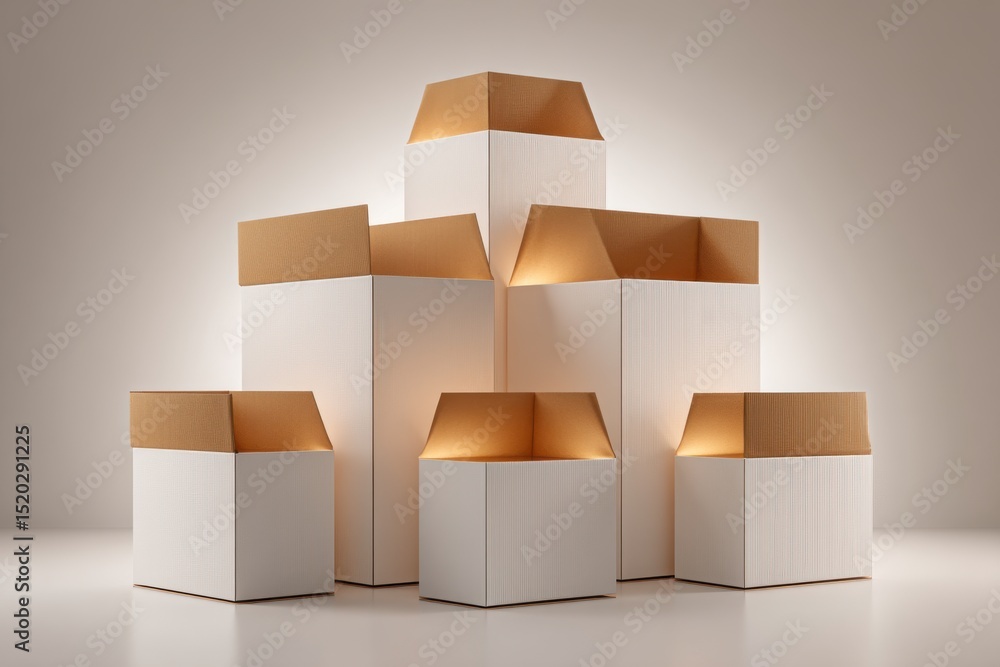 Poster an arrangement of uniquely lit boxes creating a modern geometric display, featuring texture and soft