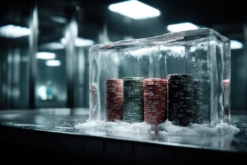 Frozen assets: A dramatic image of poker chips encased in ice, symbolizing risks, gambling and financial investments, presented in a cool, moody atmosphere.