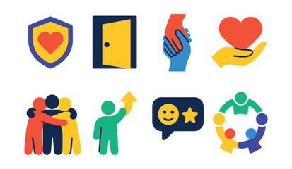 Fototapeta premium Flat vector icons of supportive environment: safe space, open door, helping hand, caring heart, group hug, encouragement, positive words, community circle.