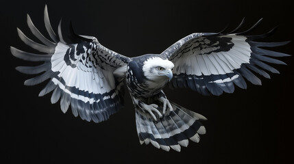 A full-body harpy eagle on a black  background, displaying its powerful build, striking black and white plumage, large talons, and distinctive feathered crest.
