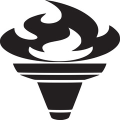 A black and white graphic illustration of a stylized torch with a flame on a white background