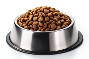 An isolated dog food bowl is filled to the brim with dry kibble on a white background, offering nutritious meals for pets with balanced ingredients and essential nutrients.