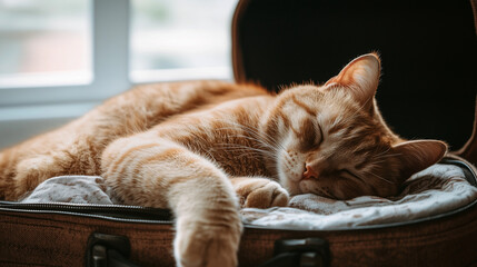 Obraz na płótnie Canvas Sleeping ginger cat in suitcase packed for vacation