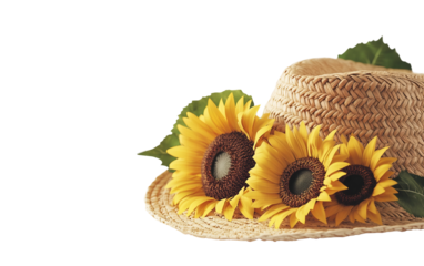 Charming straw summer hat adorned with vibrant sunflowers resting gently beside it on a rustic wooden surface isolated on transparent background PNG