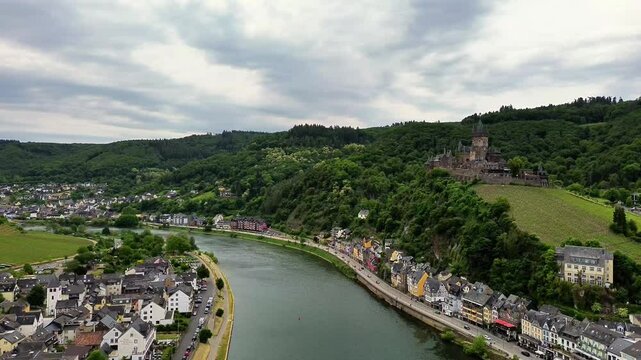Aerial View of Cochem Castle and Moselle River in Germany
