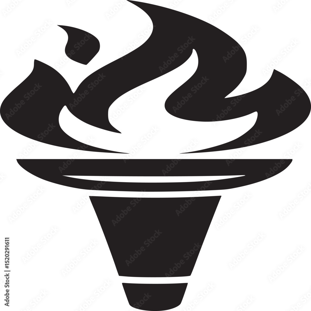 Poster illustration of a black torch with a flame on a white background in a simple graphic style