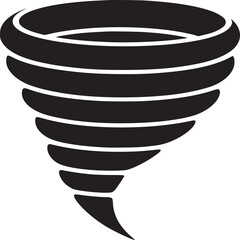A black and white graphic illustration of a tornado with a swirling vortex shape design element