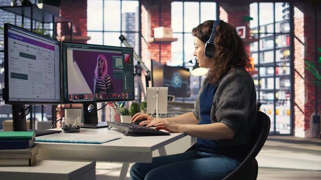 Photographer manages delivery service for a distribution company, focusing on packaging and express shipping. Freelancer using editing software to create content as a hobby, multitasking. Camera A.