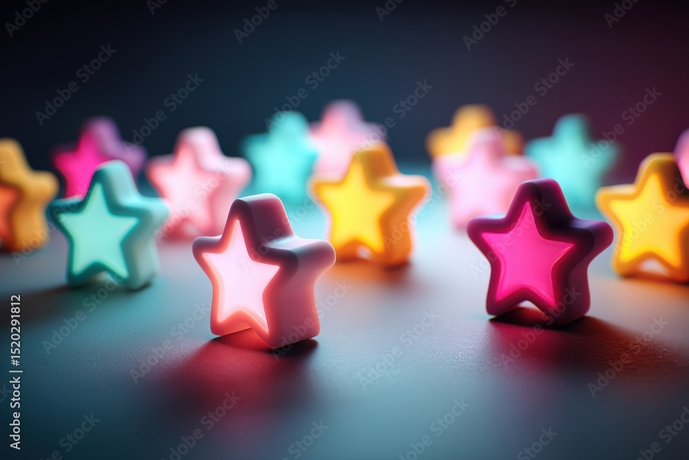 Poster a vibrant collection of colorful star-shaped night lights illuminate a dark surface, creating a fest
