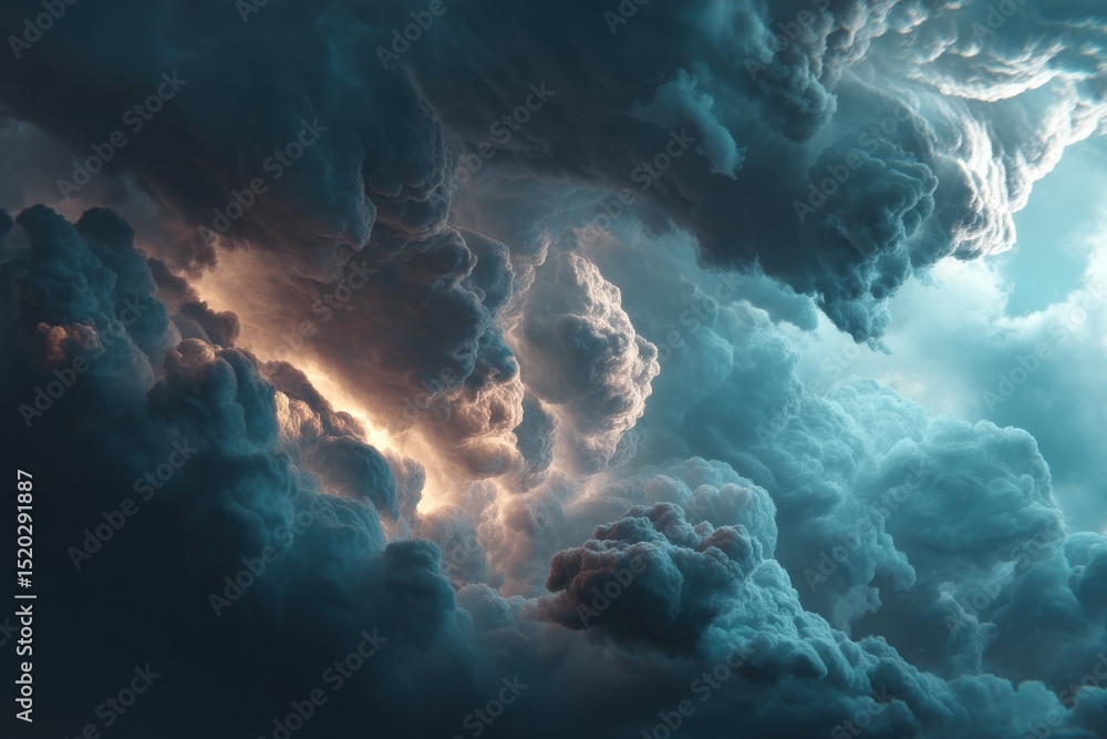 Poster dramatic cloudscape featuring a stunning display of dark and light clouds with golden sunlight break