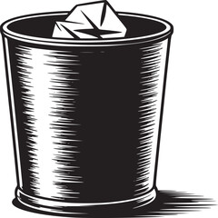 Illustration of a black trash can filled with crumpled paper on a white background with a shadow