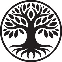 A black and white tree of life symbol inside a circle on a plain white background surface image