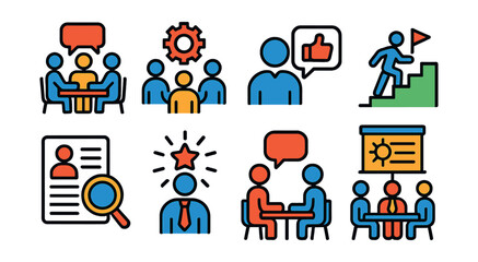 Fototapeta premium Flat vector line icons of employee engagement: group meeting, team collaboration, HR feedback, career path, resume review, employee recognition, office discussion, project planning, leadership,