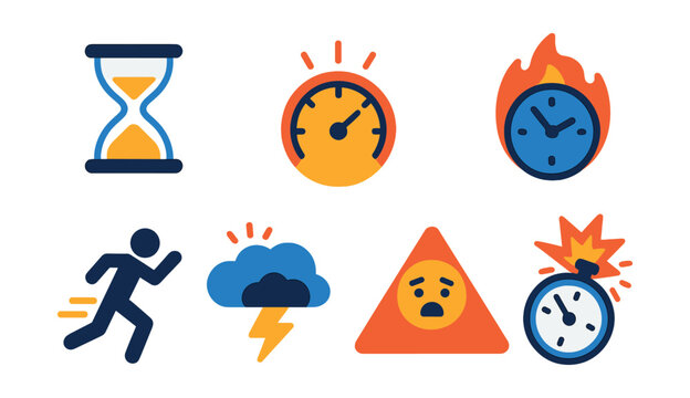 Flat vector icons of time pressure: hourglass icon, pressure gauge, overwhelmed face, burning clock, last minute rush, stress storm cloud, panic mode symbol, timer explosion.
