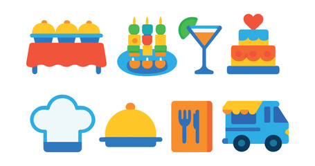 Flat vector icons of catering and food: buffet table, appetizer platter, cocktail glass, wedding cake, chef&rsquo;s hat, serving tray, menu card, food truck.