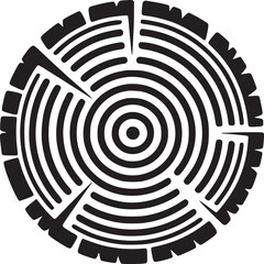 A black and white illustration of a cross section of a tree trunk with concentric rings and cracks
