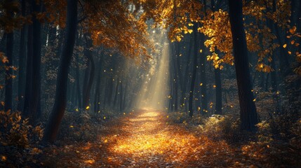 Obraz premium Golden Autumn Path: Sunbeams and Falling Leaves in a Dark Forest