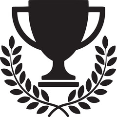 A black trophy icon surrounded by a laurel wreath on a white background in a simple graphic style