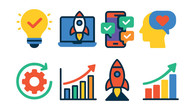 Flat vector icons of startup development stages: idea validation, MVP prototype, beta testing, user feedback, product iteration, scaling up, market launch, growth metrics.