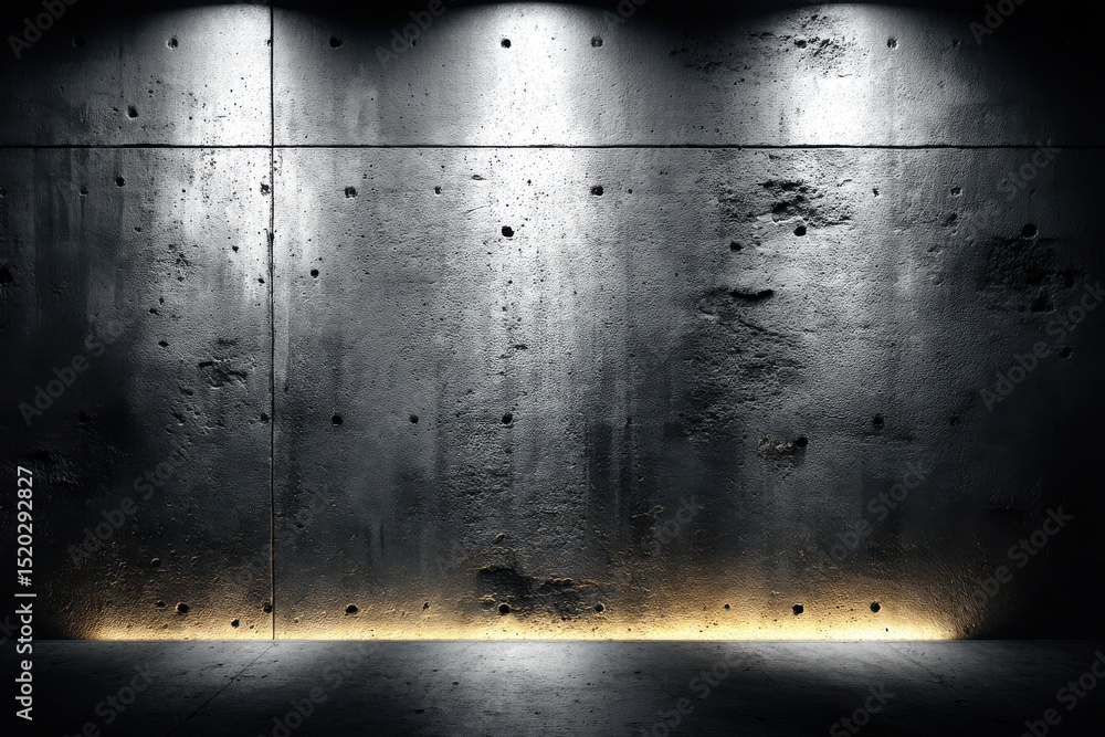 Poster industrial background with concrete wall illuminated from above and golden light at the base, presen