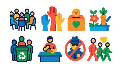 Flat vector icons of community activities: group meeting, volunteer hands, donation box, community garden, recycling event, workshop, neighborhood watch, charity walk.