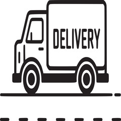 A simple black and white line drawing of a delivery truck on a road with dashed lines below it