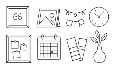 Remote job tools outline icons set – freelance, work-from-home and digital essentials