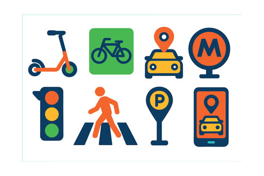 Flat vector icons of urban mobility: electric scooter, bike lane, car sharing, metro station, traffic light, pedestrian crosswalk, parking meter, ride-hailing app.