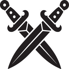 Two black daggers crossed with ornate handles and sharp blades on a plain white background in a simple design