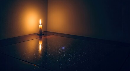 A lit candle on a dark reflective surface in a dimly lit room casting shadows with warm yellow light.
