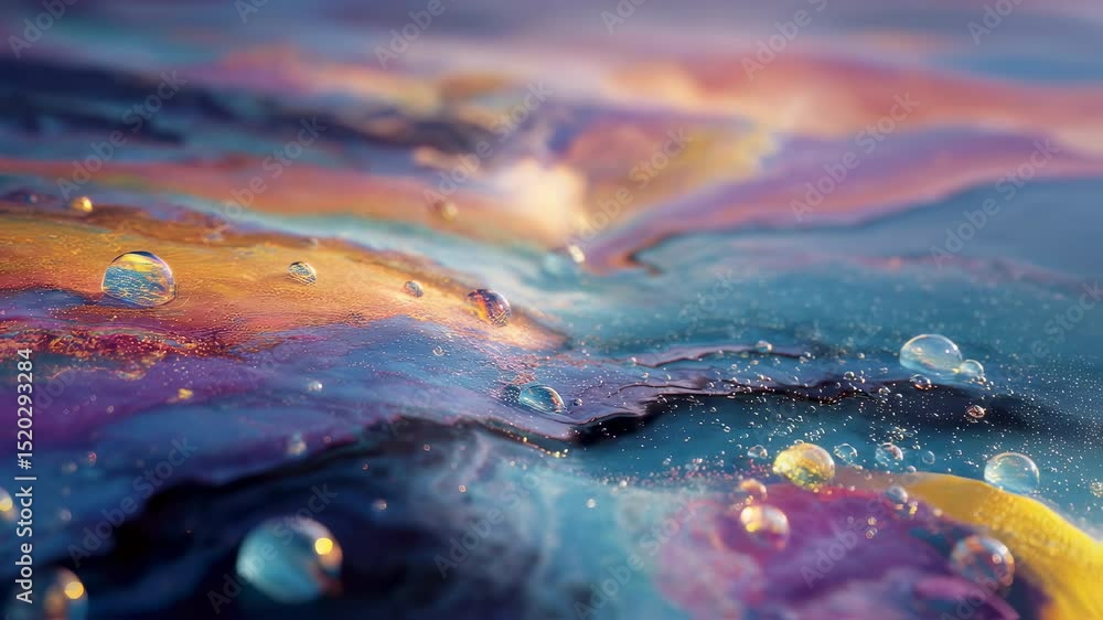 Poster water droplets rest on a vibrant, multicolored abstract painting, reflecting light and adding depth 