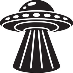 A black and white graphic of a ufo with a dome on top and beams of light coming from the bottom